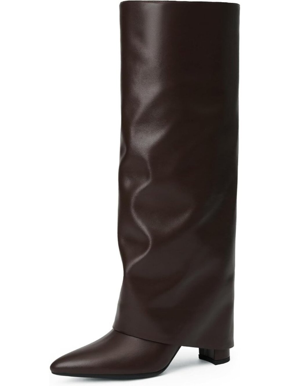 Women's Brown Pu2 Knee High Fold Over Boots Chunky Heel Pointed Toe Tall Boots